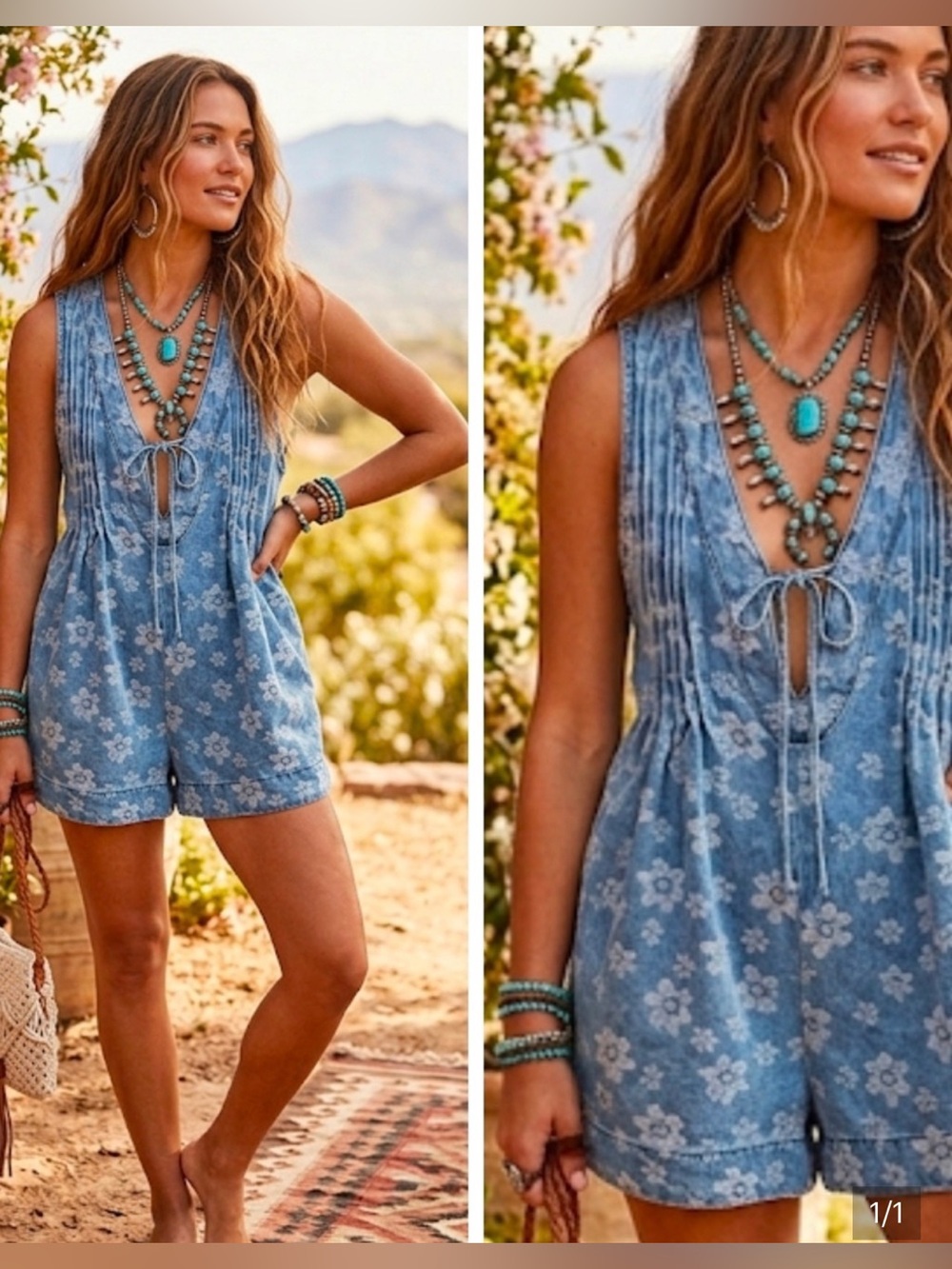 Veveret floral denim sleeveless romper large pleated coquette bow feminine NWOT